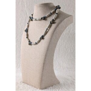 Artisan Boho Necklace Spiral Beads Blue Accents Brass Bell Handmade Style